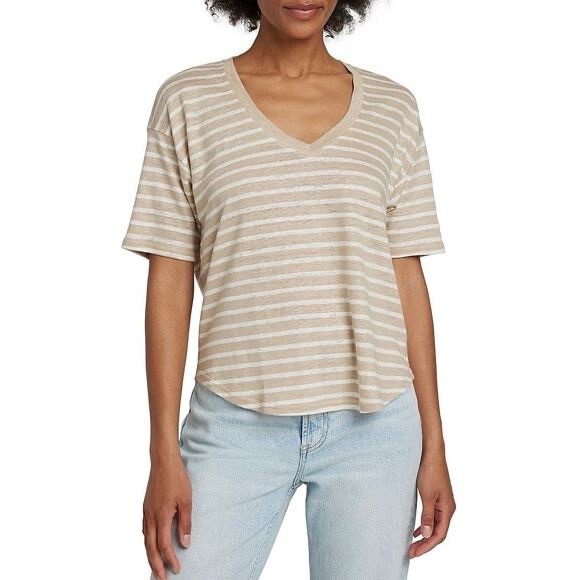 Faherty Tops - Faherty Women Cream Oceanside 100% Linen V Neck Top Size XL Beach Resort Stripes
